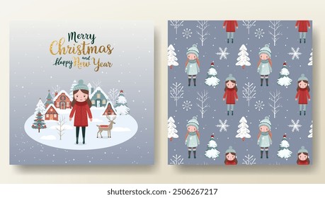 Tarjeta de feliz Navidad y patrón sin fisuras con linda chica, árboles nevados, casas y letras. Plantilla de Navidades. Escenas invernales.