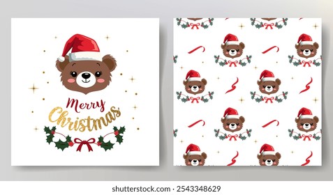 Merry Christmas card and seamless pattern with cute bear in santa hat. Christmas template. Winter animals.