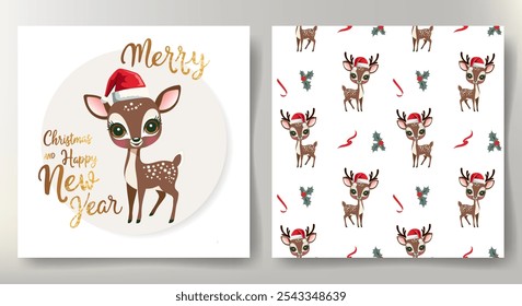 Merry Christmas card and seamless pattern with cute reindeer in santa hat. Christmas template. Winter animals.