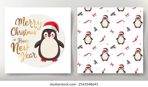 Merry Christmas card and seamless pattern with cute penguin in santa hat. Christmas template. Winter characters.