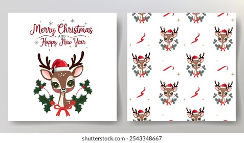 Merry Christmas card and seamless pattern with cute reindeer in santa hat. Christmas template. Winter animals.