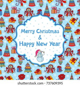 Merry christmas card with seamless pattern background. Colorful design. Lovely vector illustration