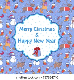 Merry christmas card with seamless pattern background. Colorful design. Lovely vector illustration