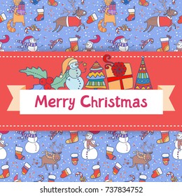 Merry christmas card with seamless pattern background. Colorful design. Lovely vector illustration