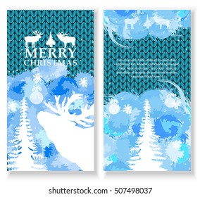 Merry Christmas card. Set of brochure, poster templates, Christmas forest with reindeer 