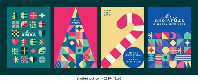 Merry Christmas card set. Covers, invitations, greeting cards or posters design. Vector illustrations in modern abstract style for winter holidays.