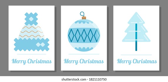 Merry Christmas card set design template. New year vector icons. Blue shades winter flat style illustrations.
