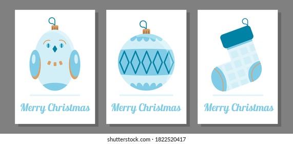 Merry Christmas card set design template. New year vector icons. Blue shades winter flat style illustrations.