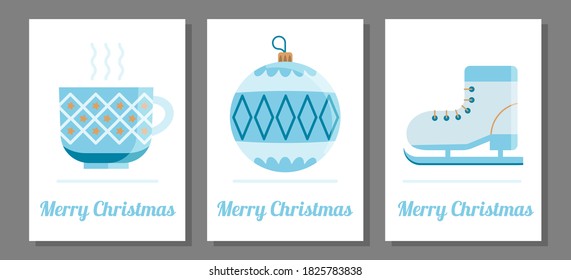 Merry Christmas card set design template. New year vector icons. Blue shades winter flat style illustrations.