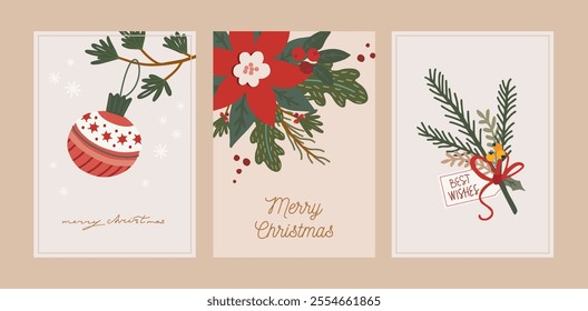 Merry Christmas card set. Elegant greeting cards with christmas decoration, holly bouquet, fir branche. Hand drawn vector illustration templates