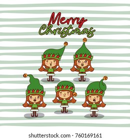 merry christmas card with set of gnome girls with background of lines