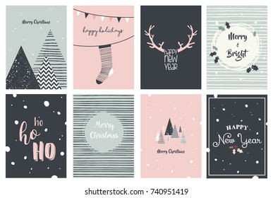 Merry Christmas card set, illustrations and icons, lettering design collection