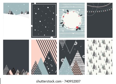 Merry Christmas card set, illustrations and icons, lettering design collection