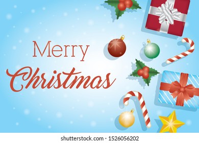 merry christmas card with set items frame vector illustration design