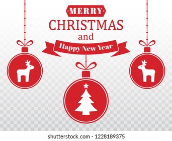 Merry Christmas card. Set of red hanging Xmas baubles with reindeers, tree, snowflakes. Christmas balls. Happy New Year design elements for web banners, greeting cards, flyer. Vector illustration.