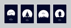Merry Christmas Card Set Santa Sleight Night Tree Saluto Testo Lettering Blu Nevoso Sfondo Vettoriale Notte.