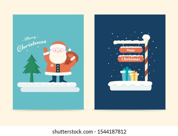 Merry Christmas card set, Santa Claus and wooden board on winter background. Flat vintage design.