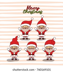 merry christmas card with set of santa claus with background of lines