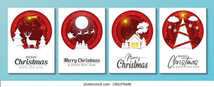 Merry Christmas card set template design. Collection of festive holiday greeting cards with message. Vector illustration.