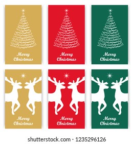 Merry christmas card set with trees and reindeers in christmas colors. Holiday gift card set.