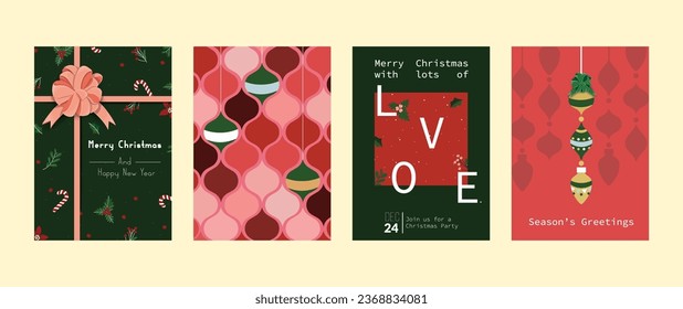  Merry Christmas card set with typography lettering. Christmas cards or invitations with 'Merry Christmas with lots of love 'Season's Greetings' 'Merry Christmas and Happy New Year' . Modern minimalis