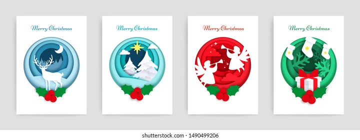 Merry Christmas card set, vector illustration in paper art modern craft style. Winter holidays composition in circle with Christmas trees, stockings, angels, reindeer, gift box, holly berries.