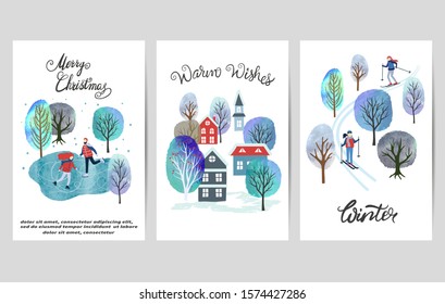 Merry Christmas card set with watercolor winter landscapes. Vector illustration.