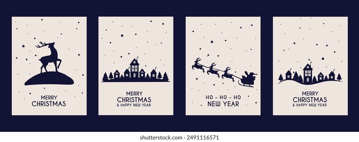 Merry Christmas card set. Winter village, Santa sleigh, snowfall and deer. Dark blue background. Merry Christmas and Happy New Year. Vector