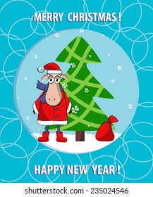 Merry Christmas card with sheep and tree