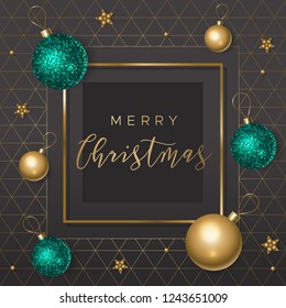 Merry Christmas Card With Shiny Balls On Black Background With Geometric Pattern