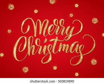 Merry christmas card with shiny glitter lettering. Background with golden glitter dots decoration. EPS10 vector illustration.