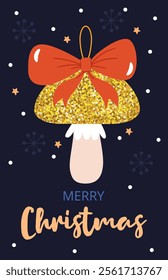 Merry Christmas card. Shiny mushroom with a bow, Christmas tree decoration. Retro tree decor with little red mushrooms, ribbon for card design, invitation, celebration, winter holidays