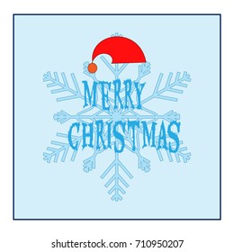 Merry Christmas card. Silhouette design blue snowflake, hat Santa Claus and lettering on blue background symbol of christmas and new year. Template for card, poster. Flat element. Vector illustration