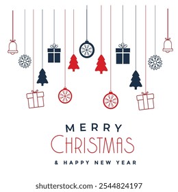 Merry Christmas card with a simple design, including red and blue Christmas decorations such as gifts, trees and decorated balls, with a happy New Year message.