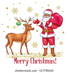 Merry Christmas card in sketch style. Hand drawn Santa Claus and deer . Vector illustration