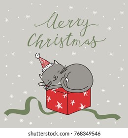 Merry Christmas card with a sleeping cat