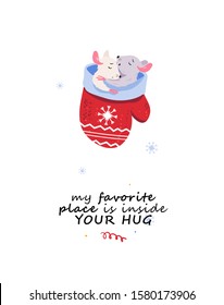 Merry Christmas card with sleeping mice pair. Mouse character with holiday Christmas design lettering - greetings, quotes. Holiday gift print. A Family of mice in a mittens house, vector illustration.