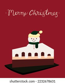 Fröhliche Weihnachtskarte mit einer Scheibe Kuchen und Schneemann