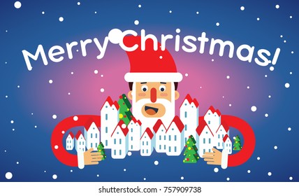 Merry Christmas card with smiled Santa. Christmas tree and city. 