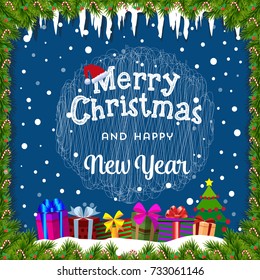 Merry Christmas card with snow, icicles, christmas tree  and gifts on blue background  framed with needles. Vector illustration. .