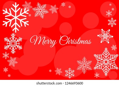 Merry Christmas Card with a snow white on red background. Copy space for text in the winter. Vector illustration in trendy flat design.