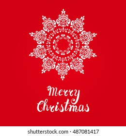 Merry Christmas card with snowflake. Lettering.