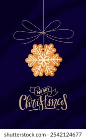 Merry Christmas card with Snowflake shape cookie and handwritten calligraphy lettering. Traditional Christmas baking with glaze drawing on dark blue background. Flat vector isolated. Winter Holidays