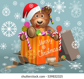 Merry Christmas card with snowflakes background.Cute teddy bear in santa cap with colorful sweets, lollipops in gift box.Merry Christmas text.Vector illustration. Candy box.