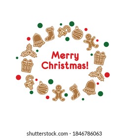 Merry Christmas card with snowflakes and gingerbread cookies