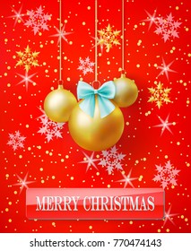 Merry Christmas card with snowflakes and gold balls on a red background. Decorative Merry Christmas greeting card with gold Christmas balls and blue bow. Vector illustration.