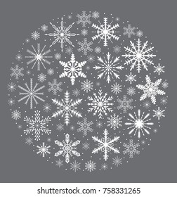 Merry christmas card with snowflakes in round shape. Snow globe for your design. Vector illustration