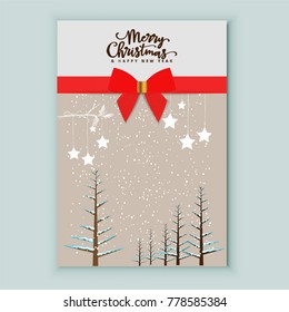 Merry Christmas card. Snowflaks, abstract christmas tree, winter forest, star, red ribbon. holiday card