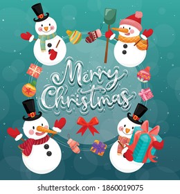 Merry christmas card with snowman.