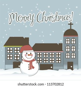 merry christmas card with snowman and buildings. vector illustration